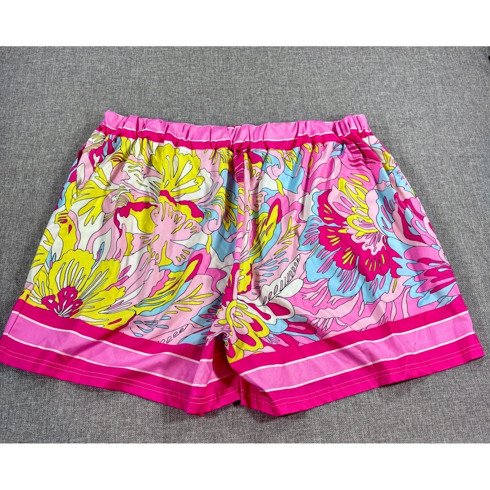Women's Plus Size Floral Elastic Waist Shorts 2XL Pink Tropical Pockets Resort